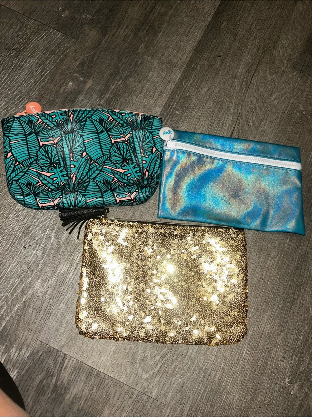 Ipsy Teal Leaf, Iridescent Blue & Gold Sequin Cosmetic Pouch Trio